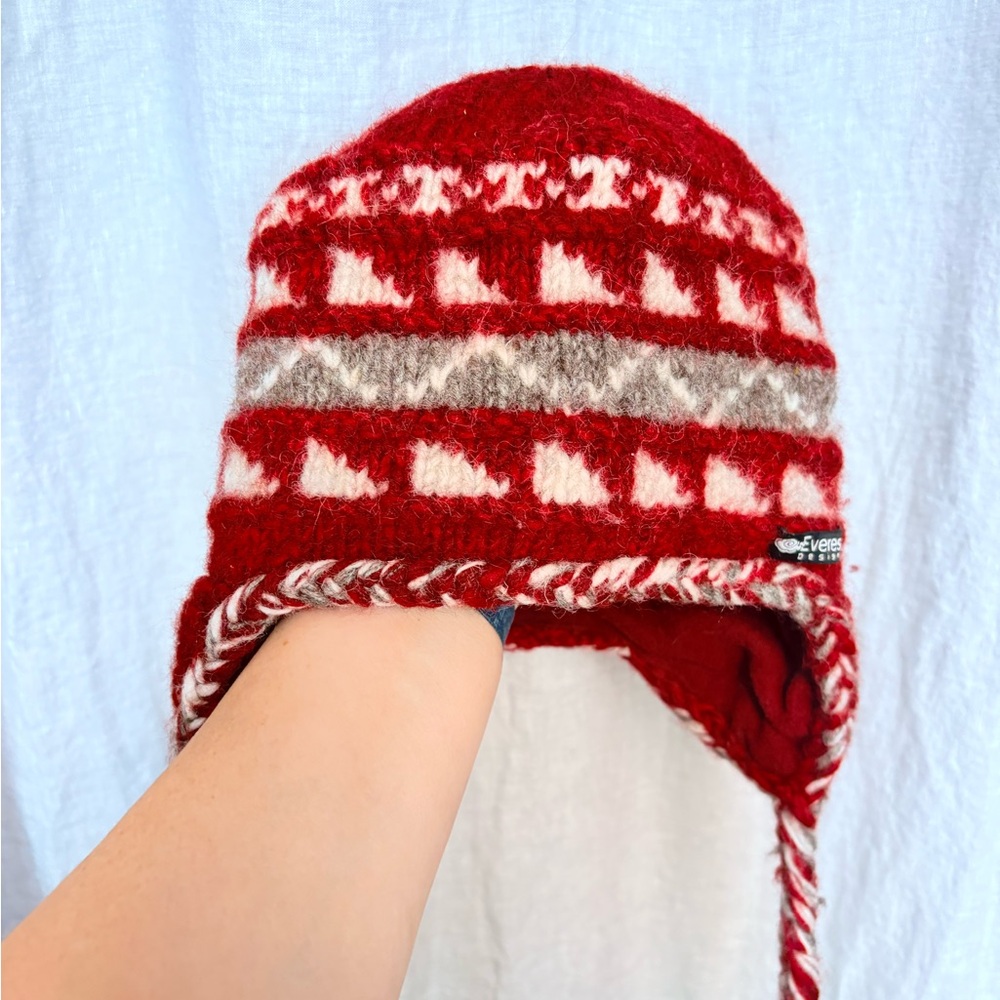 Everest Designs Red‎ Wool Aviator Ear Flap Hat Geometric Pattern Lined Handmade